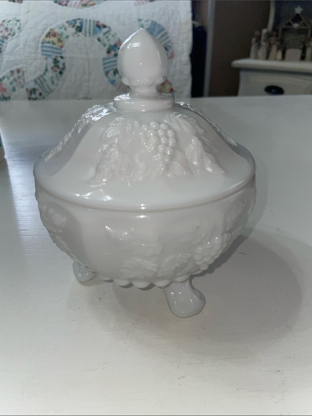 Vintage Westmoreland milk glass paneled grapes pedestal candy dish with lid